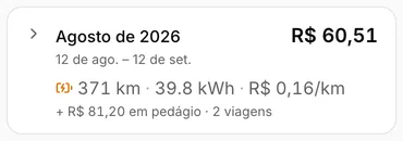 Ciclo de agosto de 2026 de um Dolphin Mini na demonstração do Carllog: R$ 60,51, 371 km, 39,8 kWh, R$ 0,16 por km, mais R$ 81,20 em pedágio em 2 viagens.